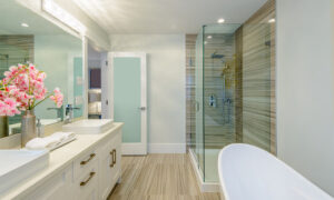 bathroom interiors remodeled with new shower installation and white cabinets everett wa