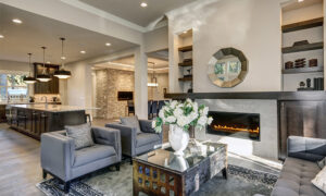 living room interiors with fireplace and kitchen at the back everett wa