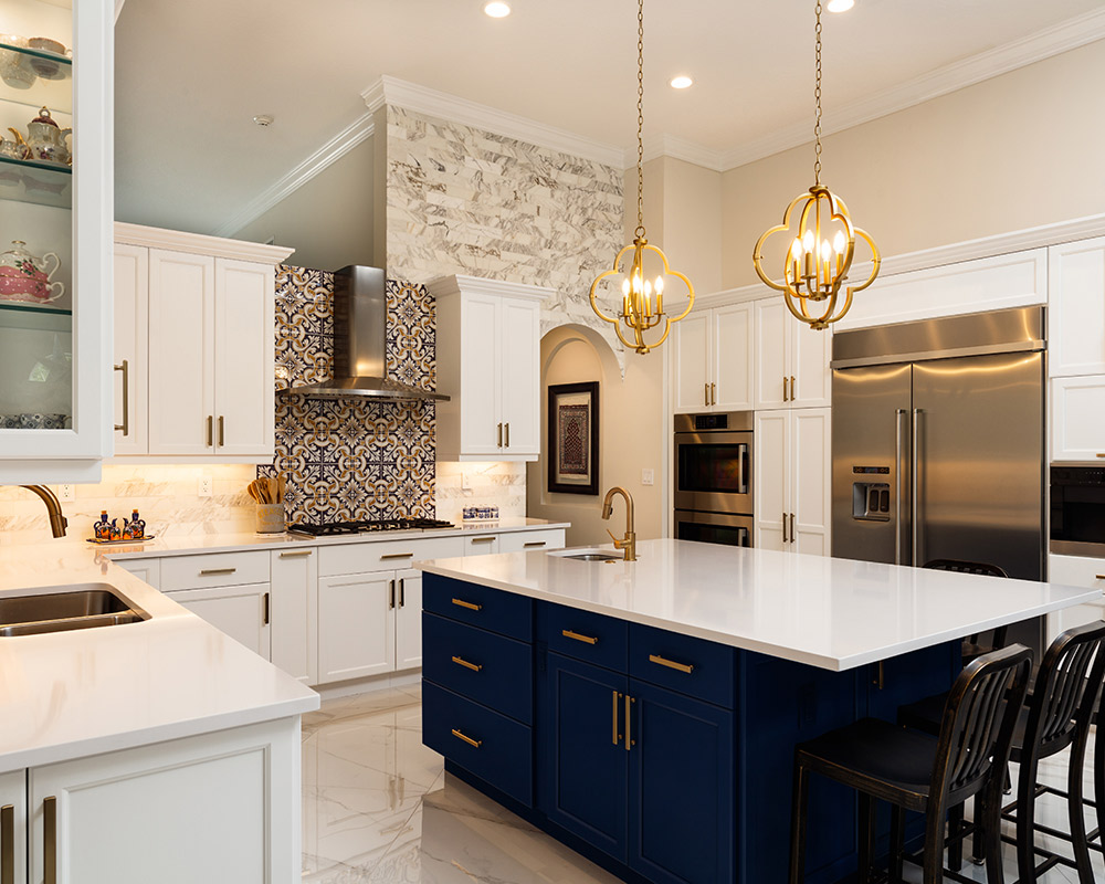 luxury kitchen interiors with tile flooring and blue cabinets installed at island everett wa